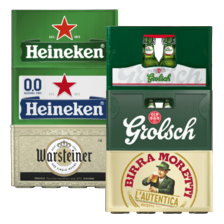 Grolsch krat van 16/24 flesjes à 30/45 cl,
Warsteiner, Heineken, Heineken O.O%
of Birra Moretti krat van 24 flesjes à 30 cl